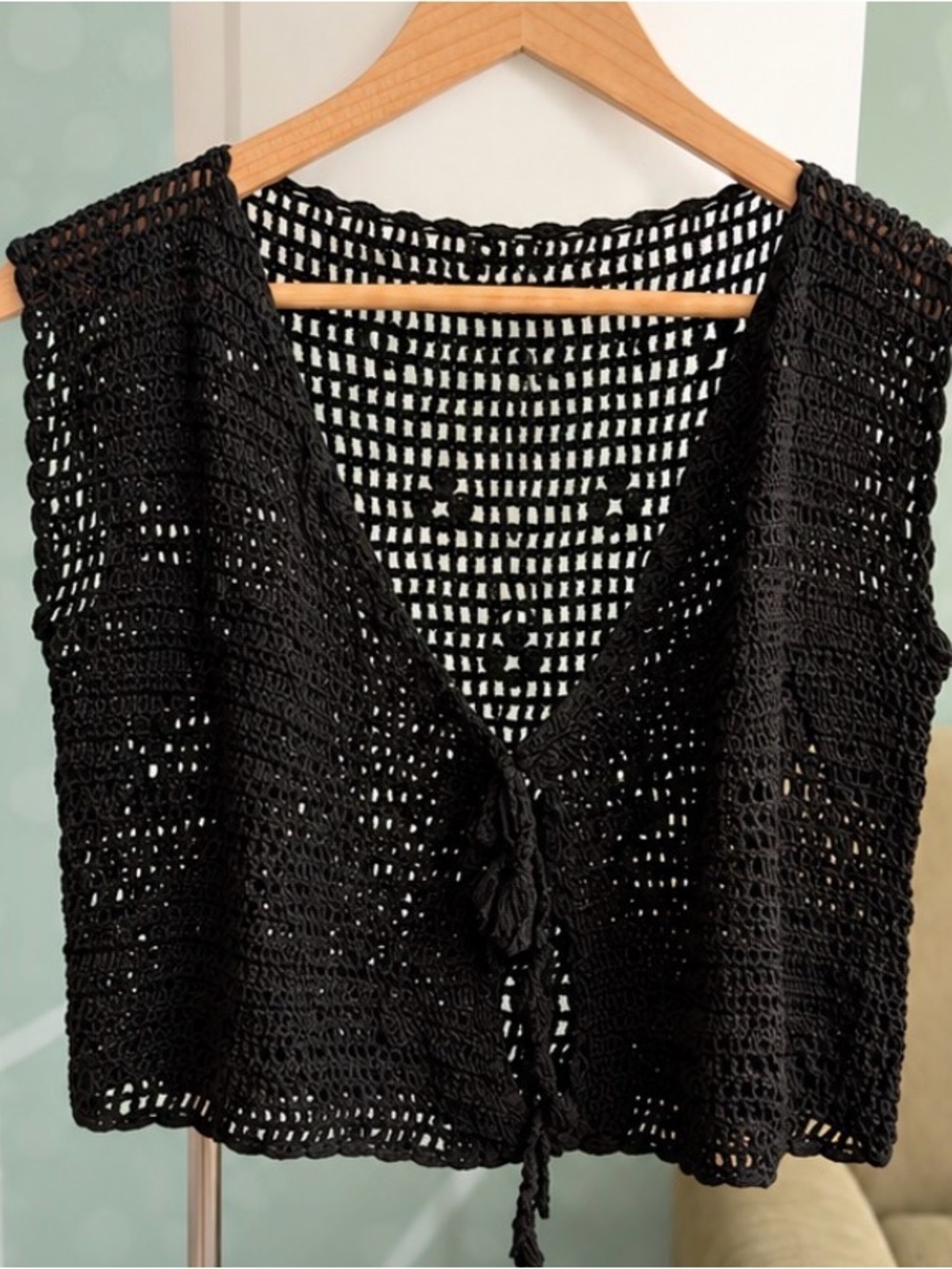 Topman Black Crochet V-Neck Tie-Front Vest